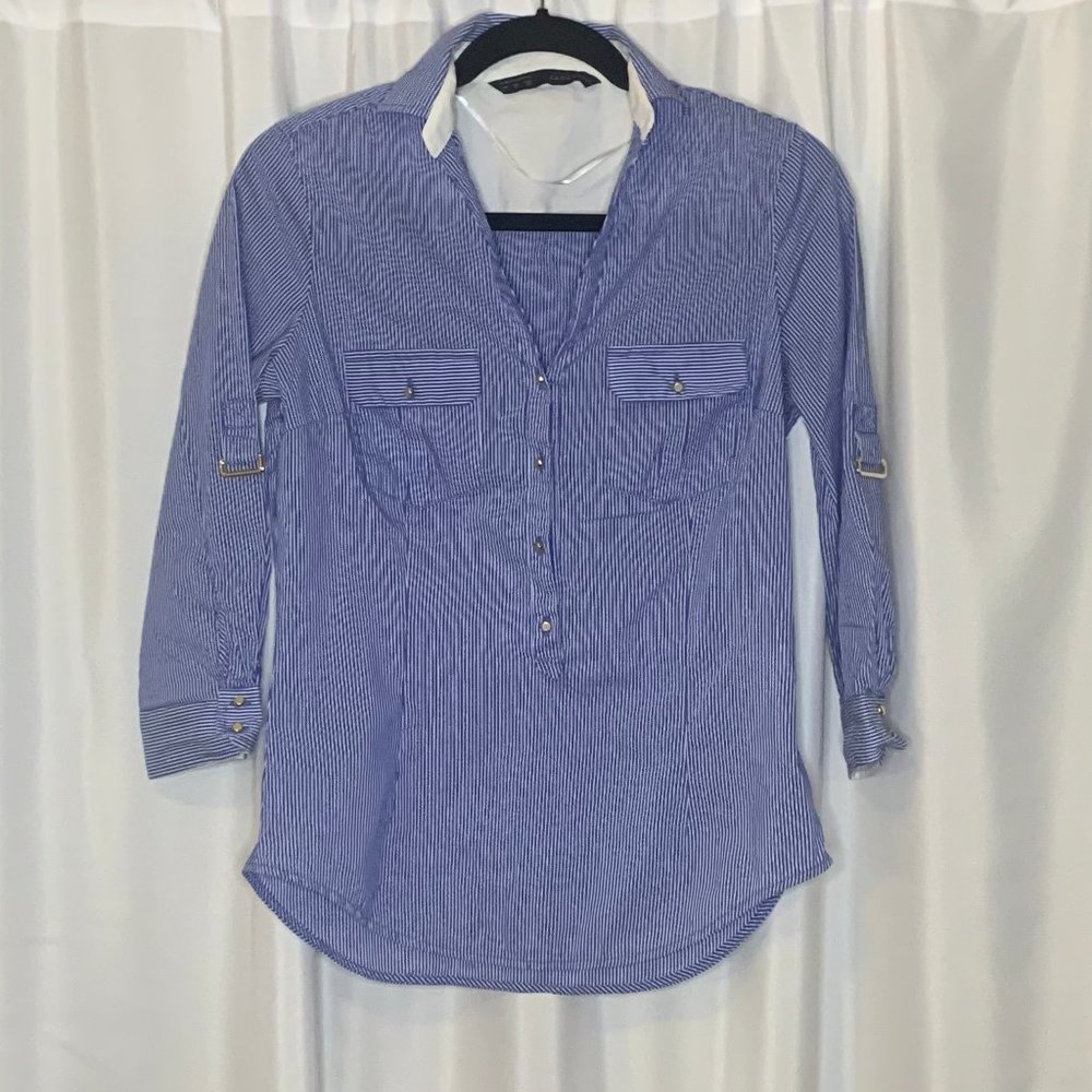 ZARA BASIC Women's Medium Blue White Stripe Lng Sl